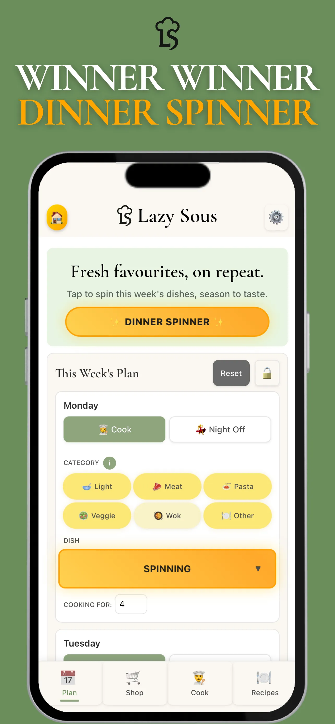 Lazy Sous Dinner Spinner showing random recipe selection with categories like pasta, curry, wok, and salad