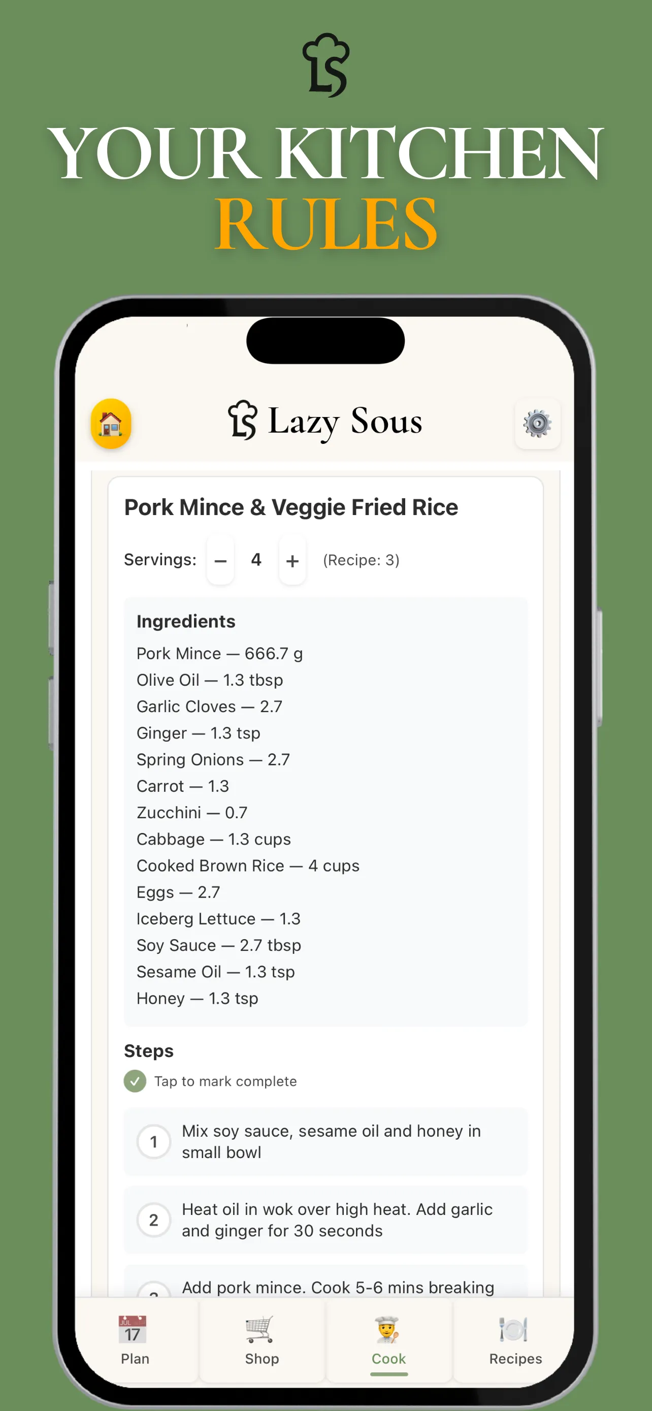 Lazy Sous smart shopping list grouped by supermarket aisle with combined quantities