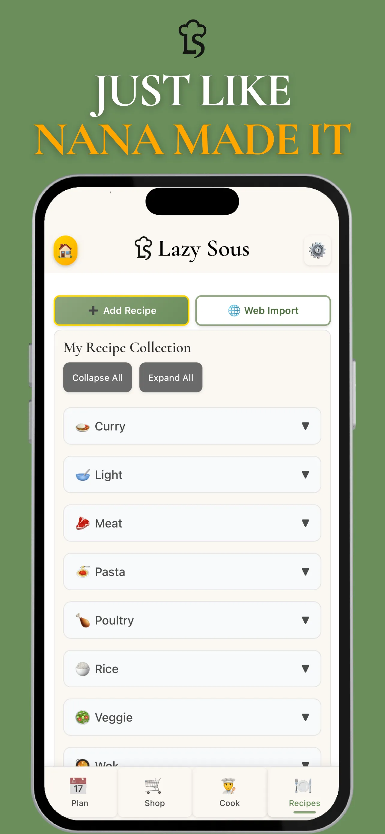 Lazy Sous recipe view with full ingredients, step-by-step instructions, and serving sizes